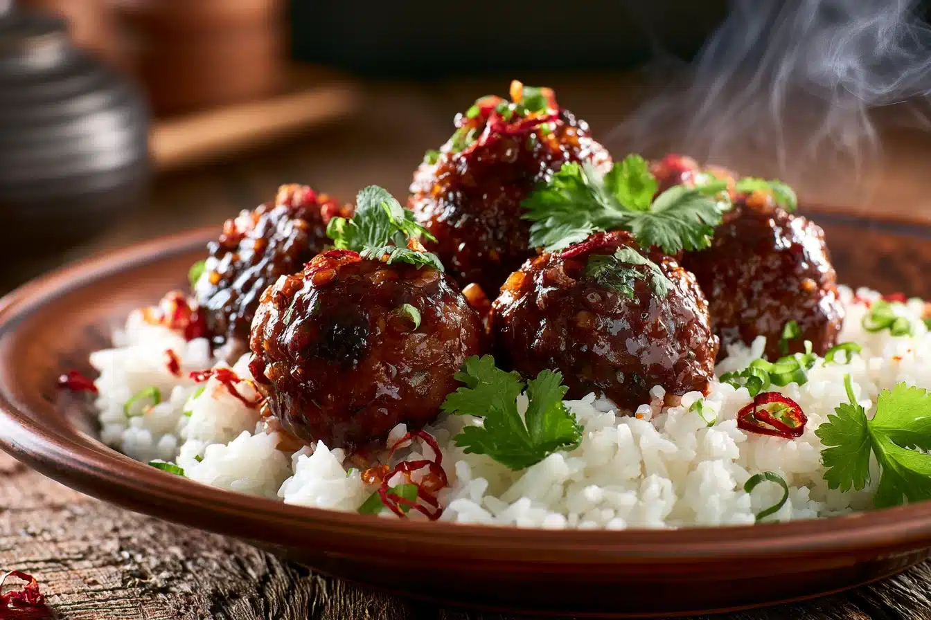 Spicy Honey Garlic Meatballs with Rice 3 Spicy Honey Garlic Meatballs with Rice