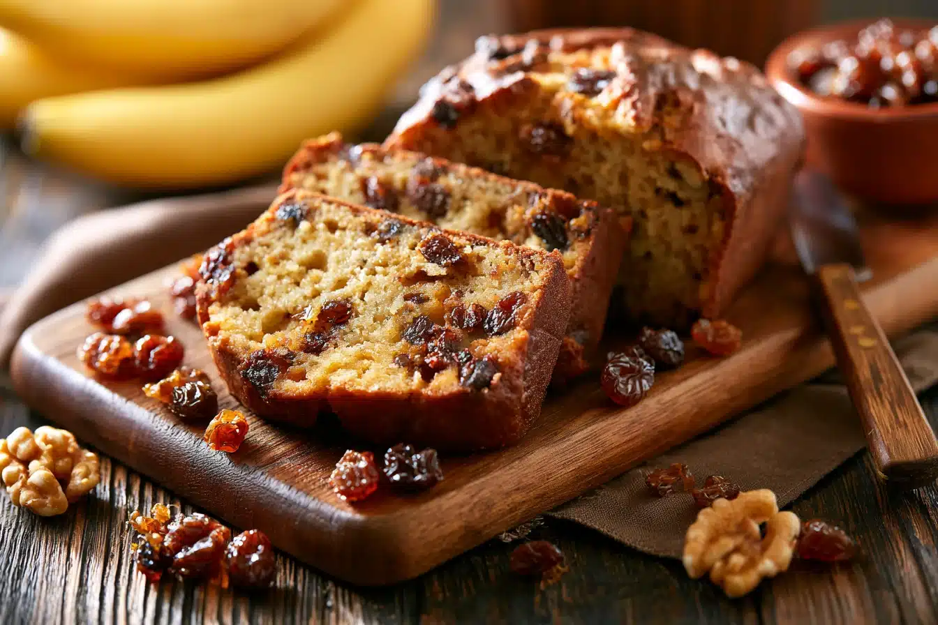 Banana Raisin Bread 2 Freshly baked Banana Raisin Bread on a wooden cutting board