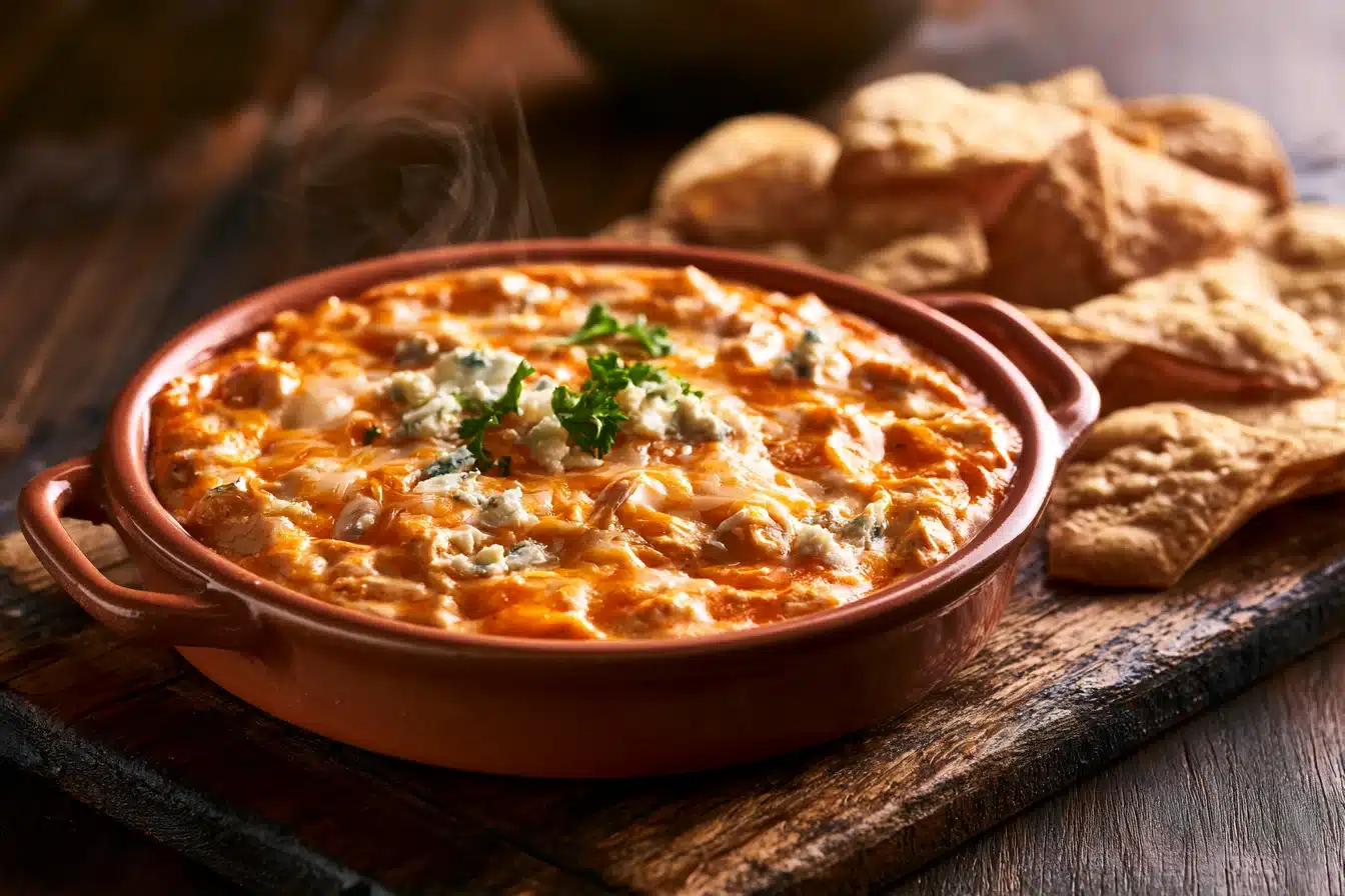 buffalo chicken dip 2 Creamy buffalo chicken dip with melted cheese and tortilla chips