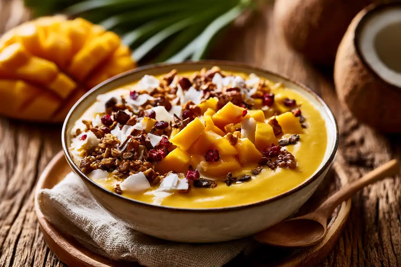 Coconut Mango Smoothie Bowl 2 Vibrant Coconut Mango Smoothie Bowl topped with fresh fruit and granola