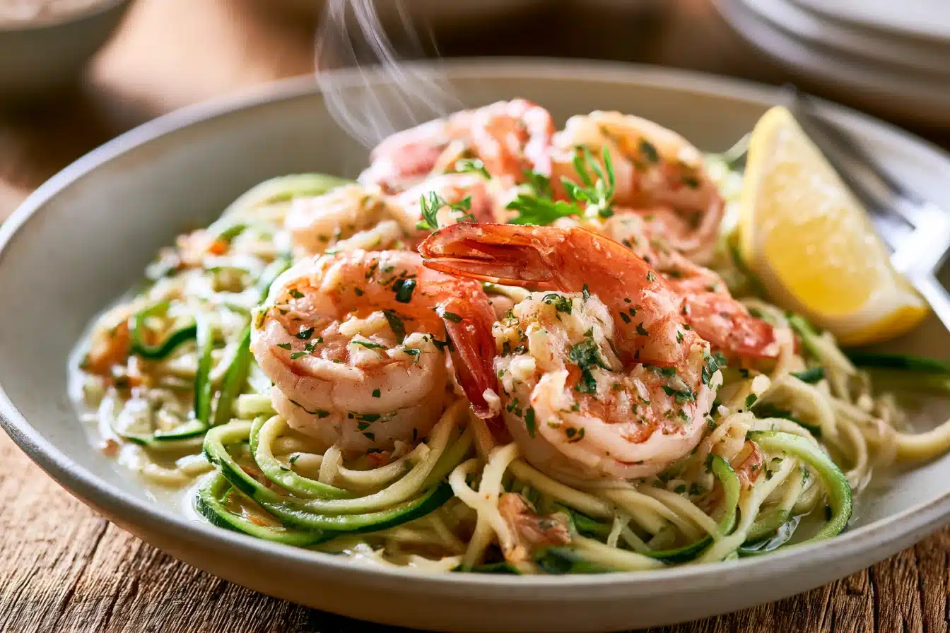 Herbed Garlic Butter Shrimp and Zucchini Noodles 3 Herbed Garlic Butter Shrimp and Zucchini Noodles cooking in a pan